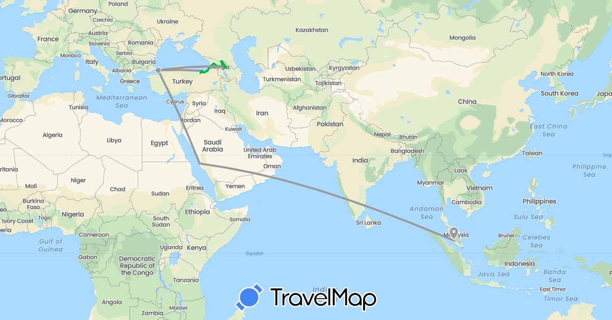 TravelMap itinerary: bus, plane in Georgia, Malaysia, Saudi Arabia, Turkey (Asia)